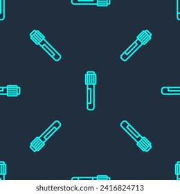 Green Line Test Tube and Flask Chemical Labortests Symbol einzeln nahtlos Muster auf blauem Hintergrund. Laborglaszeugschild.  Vektorgrafik