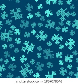 Green line Tic tac toe game icon isolated seamless pattern on blue background.  Vector