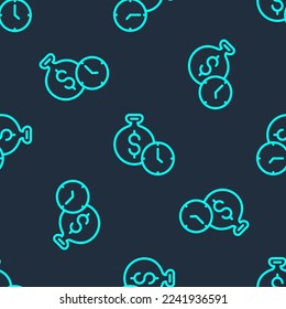 Green line Time is money icon isolated seamless pattern on blue background. Money is time. Effective time management. Convert time to money.  Vector