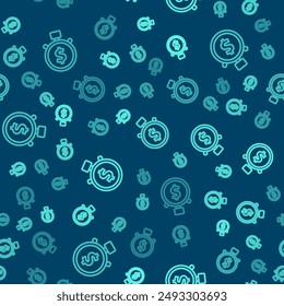 Green line Time is money icon isolated seamless pattern on blue background. Money is time. Effective time management. Convert time to money. Stopwatch.  Vector Illustration
