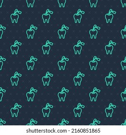 Línea verde Diente con caries e icono de taladro dental aislado patrón sin fisuras en fondo azul. Descomposición dental.  Vector