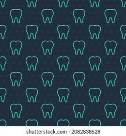 Icono de diente de línea verde aislado patrón transparente en fondo azul. Símbolo dental para clínica odontológica o centro médico odontológico y paquete de pasta dental.  Vector