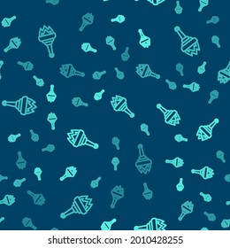 Green line Torch flame icon isolated seamless pattern on blue background. Symbol fire hot, flame power, flaming and heat.  Vector