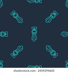 Green line Towel on a hanger icon isolated seamless pattern on blue background. Bathroom towel icon.  Vector