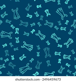 Green line Towel on a hanger icon isolated seamless pattern on blue background. Bathroom towel icon.  Vector