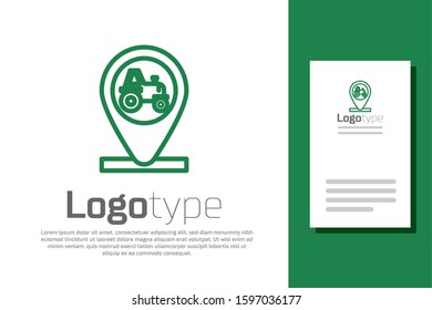 Green line Tractor and location icon isolated on white background. Logo design template element. Vector Illustration