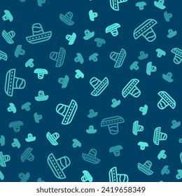 Green line Traditional mexican sombrero hat icon isolated seamless pattern on blue background.  Vector