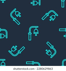 Icono de timbre de la estación de tren de línea verde aislado patrón sin fisuras en fondo azul.  Vector