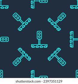 Icono del semáforo de la línea verde del tren aislado patrón sin fisuras sobre fondo azul. Luces de tránsito para que el ferrocarril regule el movimiento de trenes.  Vector