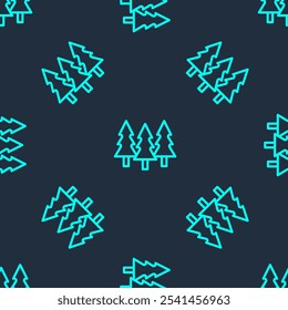 Green line Trees icon isolated seamless pattern on blue background. Forest symbol.  Vector