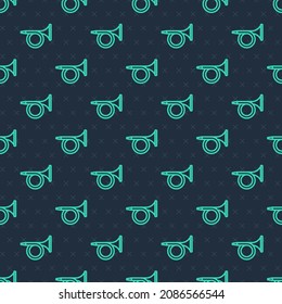 Green line Trumpet icon isolated seamless pattern on blue background. Musical instrument.  Vector