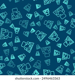 Línea verde Dos hombres sentados hablando icono aislado sin patrón sobre fondo azul. Charla de burbujas de discurso. Icono de mensaje. Símbolo de chat de comunicación o comentario.  Vector