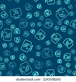 Green line Umbrella icon isolated seamless pattern on blue background. Insurance concept. Waterproof icon. Protection, safety, security concept.  Vector
