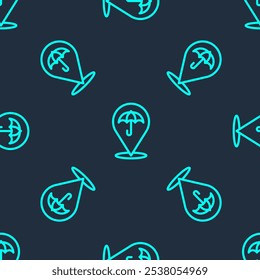 Green line Umbrella icon isolated seamless pattern on blue background. Insurance concept. Waterproof icon. Protection, safety, security concept.  Vector