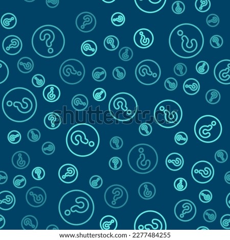 Green line Unknown search icon isolated seamless pattern on blue background. Magnifying glass and question mark.  Vector