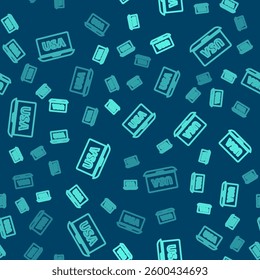 Green line USA United states of america on laptop icon isolated seamless pattern on blue background.  Vector