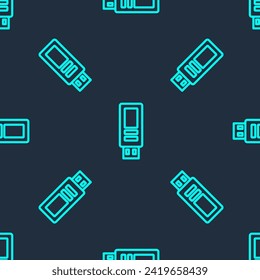 Icono de la unidad flash USB de línea verde aislado con un patrón transparente en fondo azul.  Vector