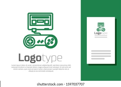 Green line Video game console with joystick icon isolated on white background. Logo design template element. Vector Illustration