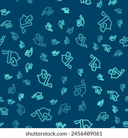 Green line Viking in horned helmet icon isolated seamless pattern on blue background.  Vector