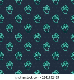 Green line Virtual reality glasses icon isolated seamless pattern on blue background. Stereoscopic 3d vr mask. Optical head mounted display.  Vector