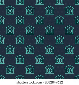 Green line Warehouse price icon isolated seamless pattern on blue background.  Vector