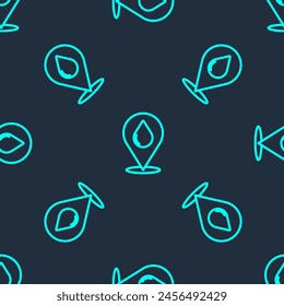 Green line Water drop with location icon isolated seamless pattern on blue background.  Vector Illustration