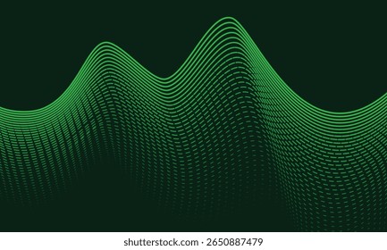 Green line waves on dark green gradient background. Dynamic wave line pattern