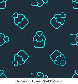 Green line Wedding cake with heart icon isolated seamless pattern on blue background. Happy Valentines day.  Vector