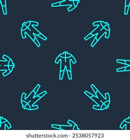 Green line Wetsuit for scuba diving icon isolated seamless pattern on blue background. Diving underwater equipment.  Vector