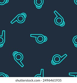 Green line Whistle icon isolated seamless pattern on blue background. Referee symbol. Fitness and sport sign.  Vector