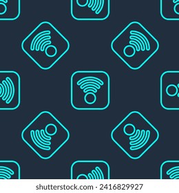 Icono de símbolo de red inalámbrica Wi-Fi de línea verde aislado patrón transparente en fondo azul.  Vector