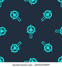 Green line Wind turbine icon isolated seamless pattern on blue background. Wind generator sign. Windmill for electric power production.  Vector