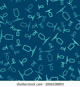 Green line Wine glass icon isolated seamless pattern on blue background. Wineglass sign.  Vector
