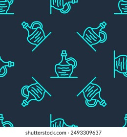 Green line Wine in italian fiasco bottle icon isolated seamless pattern on blue background. Wine bottle in a rattan stand.  Vector