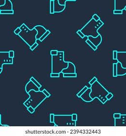 Línea verde Icono de arranque caliente de invierno aislado patrón sin fisuras en fondo azul. Bota de goma impermeable.  Vector
