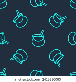 Green line Witch cauldron icon isolated seamless pattern on blue background. Happy Halloween party.  Vector