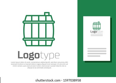 Green line Wooden barrel icon isolated on white background. Alcohol barrel, drink container, wooden keg for beer, whiskey, wine. Logo design template element. Vector Illustration