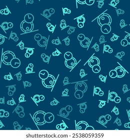 Green line Wooden barrel for wine icon isolated seamless pattern on blue background. Aging of wine in a barrel.  Vector