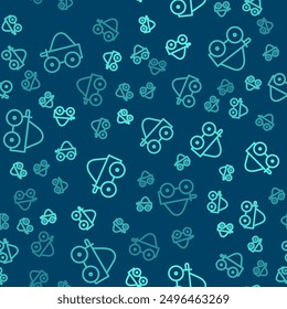 Green line Wooden four-wheel cart with hay icon isolated seamless pattern on blue background.  Vector