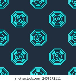 Green line Yin Yang symbol of harmony and balance icon isolated seamless pattern on blue background.  Vector