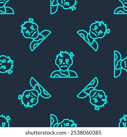 Green line Zombie mask icon isolated seamless pattern on blue background. Happy Halloween party.  Vector