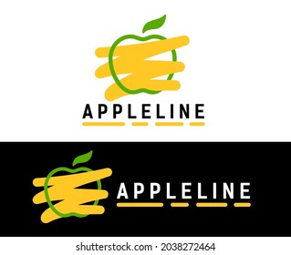 Green linear apple colored with yellow. Logo concept for healthy food or agricultural company. Vector symbol of apple on black background.