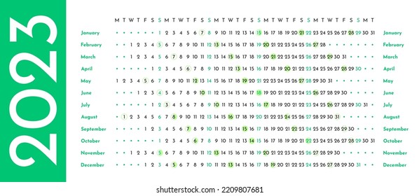 Plantilla de calendario lineal verde 2023 con fases lunares. La semana comienza el lunes. Muros de cristal de estilo minimalista. Planificador mensual del ciclo. Cuadrícula horizontal. Organizador de la agenda. Ilustración del vector