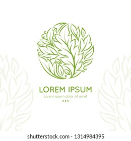 Green linear leaf emblem. Elegant, classic vector. Can be used for jewelry, beauty and fashion industry. Great for logo, monogram, invitation, flyer, menu, brochure, background, or any desired idea.
