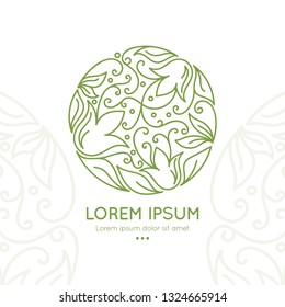 Green linear leaf emblem. Elegant, classic vector. Can be used for jewelry, beauty and fashion industry. Great for logo, monogram, invitation, flyer, menu, brochure, background, or any desired idea.
