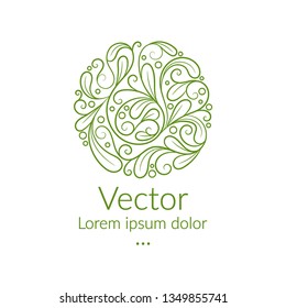 Green linear leaf emblem. Elegant, classic vector. Can be used for jewelry, beauty and fashion industry.