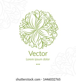 Green linear leaf emblem. Elegant, classic vector. Can be used for jewelry, beauty and fashion industry. Great for logo, monogram, invitation, flyer, menu, brochure, background, or any desired idea.