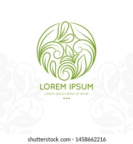 Green linear leaf emblem. Elegant, classic vector. Can be used for jewelry, beauty and fashion industry. Great for logo, monogram, invitation, flyer, menu, brochure, background, or any desired idea.