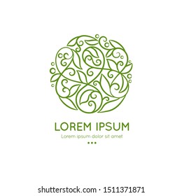 Green linear leaf emblem. Elegant, classic vector. Can be used for jewelry, beauty and fashion industry. Great for logo, monogram, invitation, flyer, menu, brochure, background, or any desired idea.