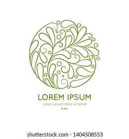 Green linear logo with abstract leaves. Elegant, classic vector. Can be used for jewelry, beauty and fashion industry. Great for emblem, monogram, invitation, flyer, background or any desired idea.